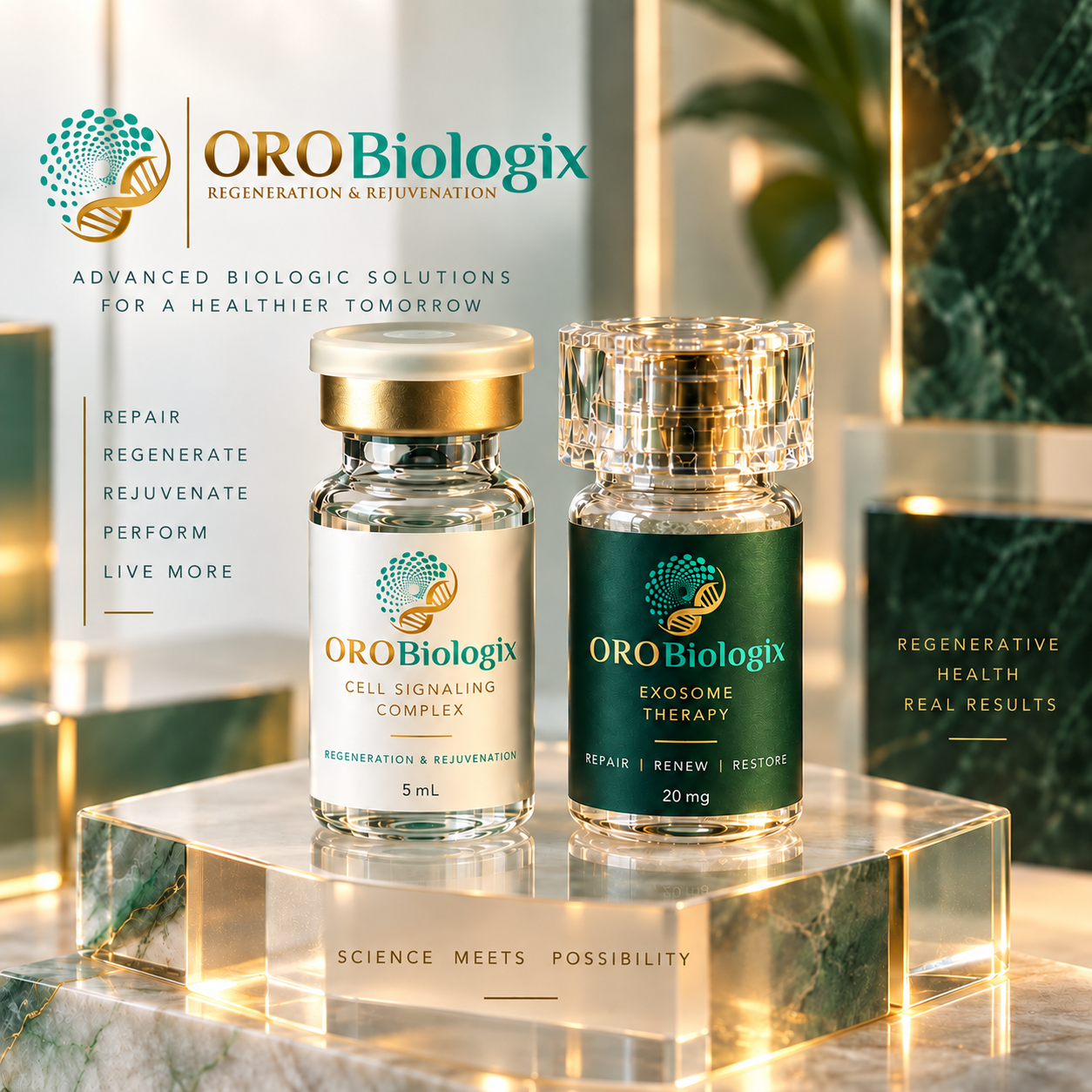 OROBiologix regenerative vials — cell signaling complex and exosome therapy on a glass plinth